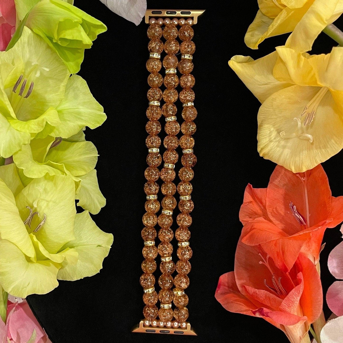 Fall Tan/Brown Watch Band Compatible with Apple Watch Made With Crackle Acrylic, Imitation Pearl, and Rhinestone Beads