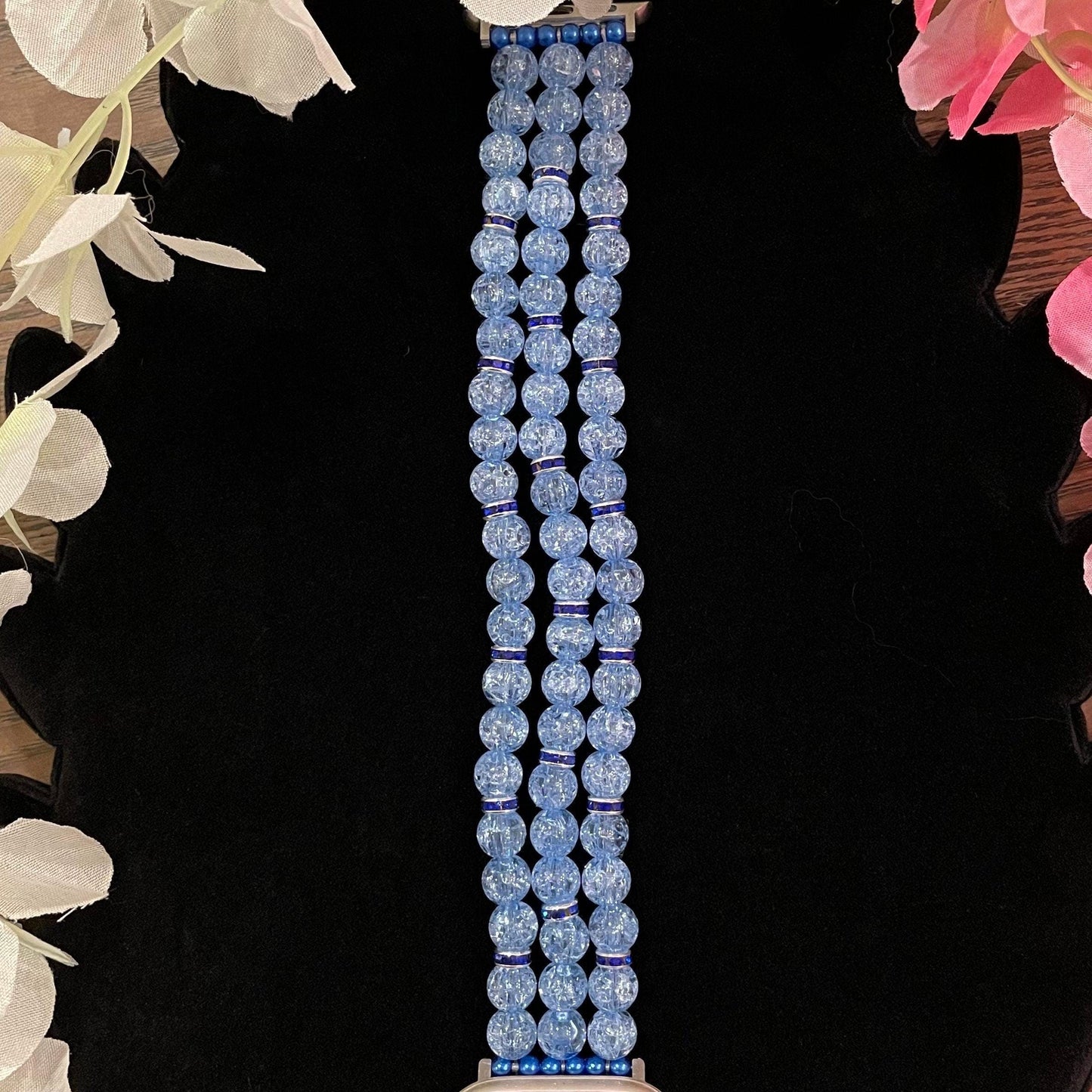 Blue Watch Band Compatible with Apple Watch Made With Crackle Acrylic, Imitation Pearl, and Rhinestone Beads