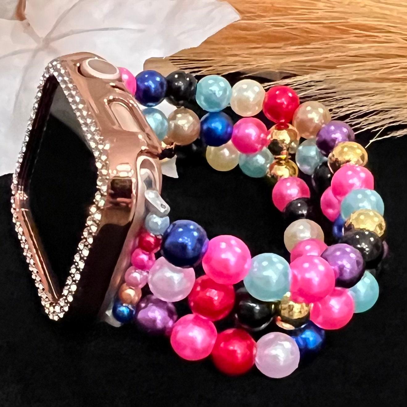 Rainbow Watch Band Compatible with Apple Watch with Imitation Pearls, Custom Sizing!