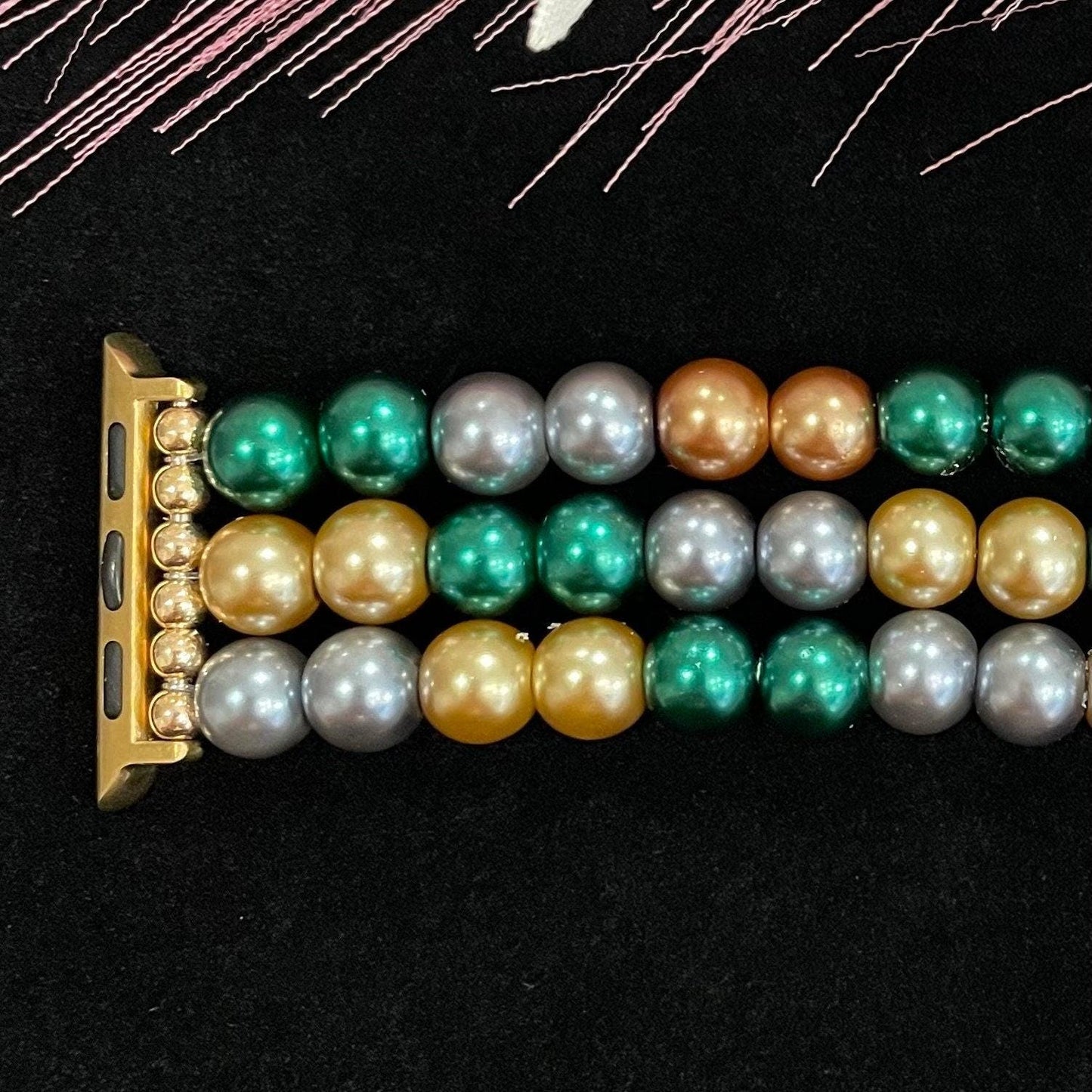 Green and Gold Watch Band Compatible with Apple Watch Made with Glass Beads