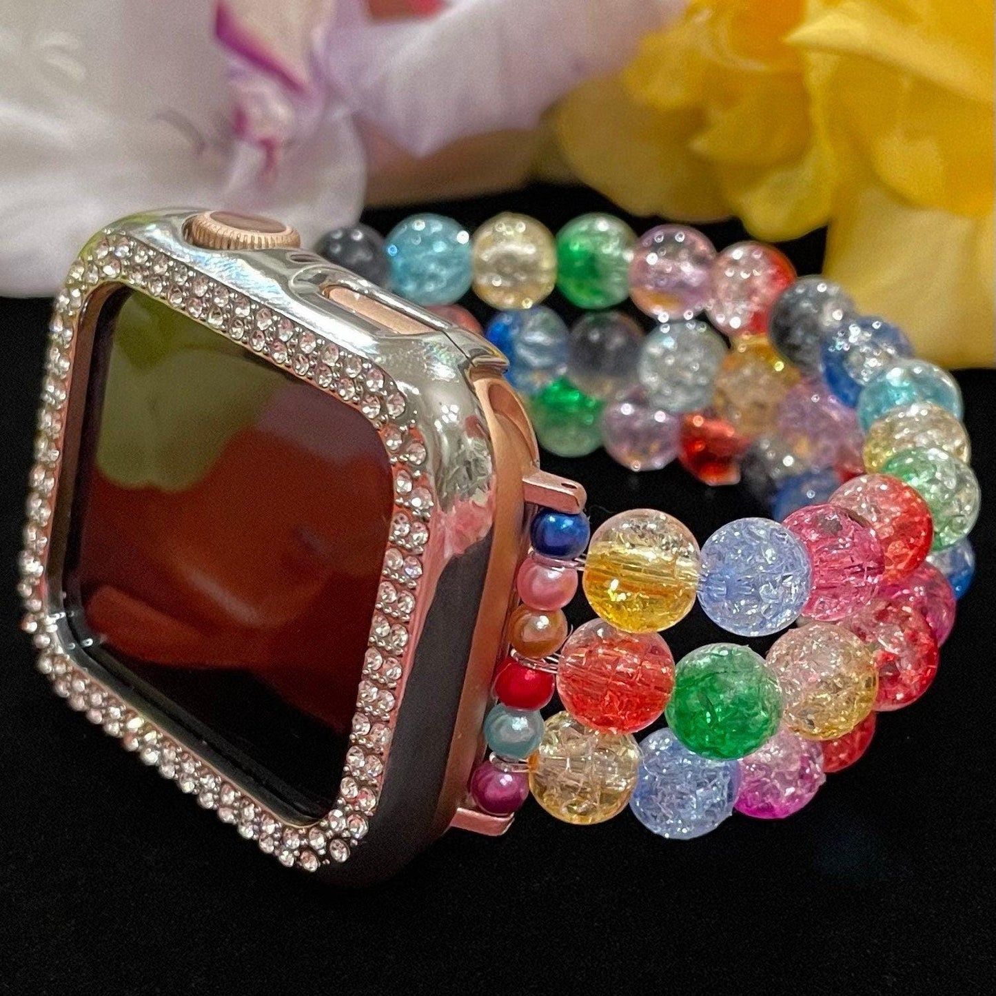 Rainbow Watch Band Compatible with Apple Watch Made with Acrylic Crackle, Imitation Pearl, and Rhinestone Beads
