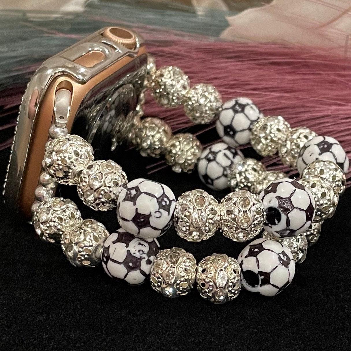 Soccer Watch Band Compatible with Apple Watch with Acrylic Soccer Ball and Rhinestone Beads