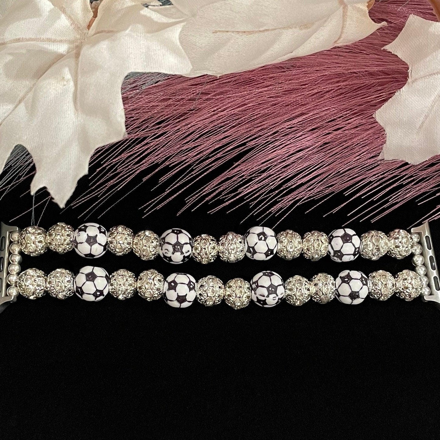 Soccer Watch Band Compatible with Apple Watch with Acrylic Soccer Ball and Rhinestone Beads