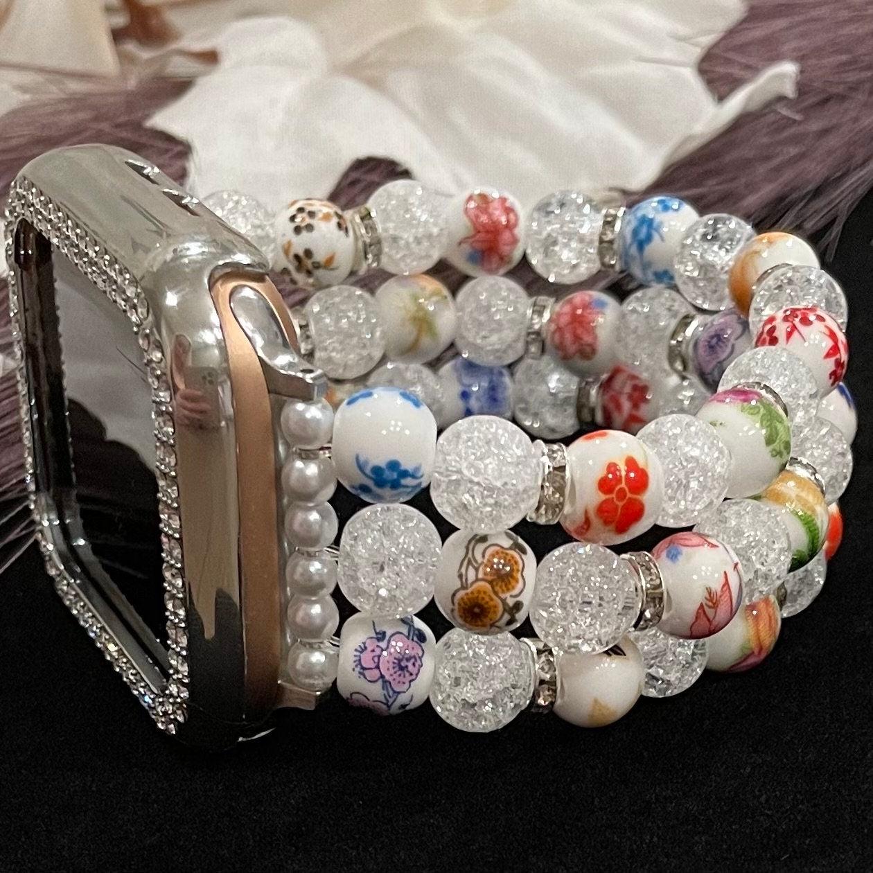 Floral Watch Band Compatible with Apple Watch with Porcelain Flower and Cracked Crystal Beads