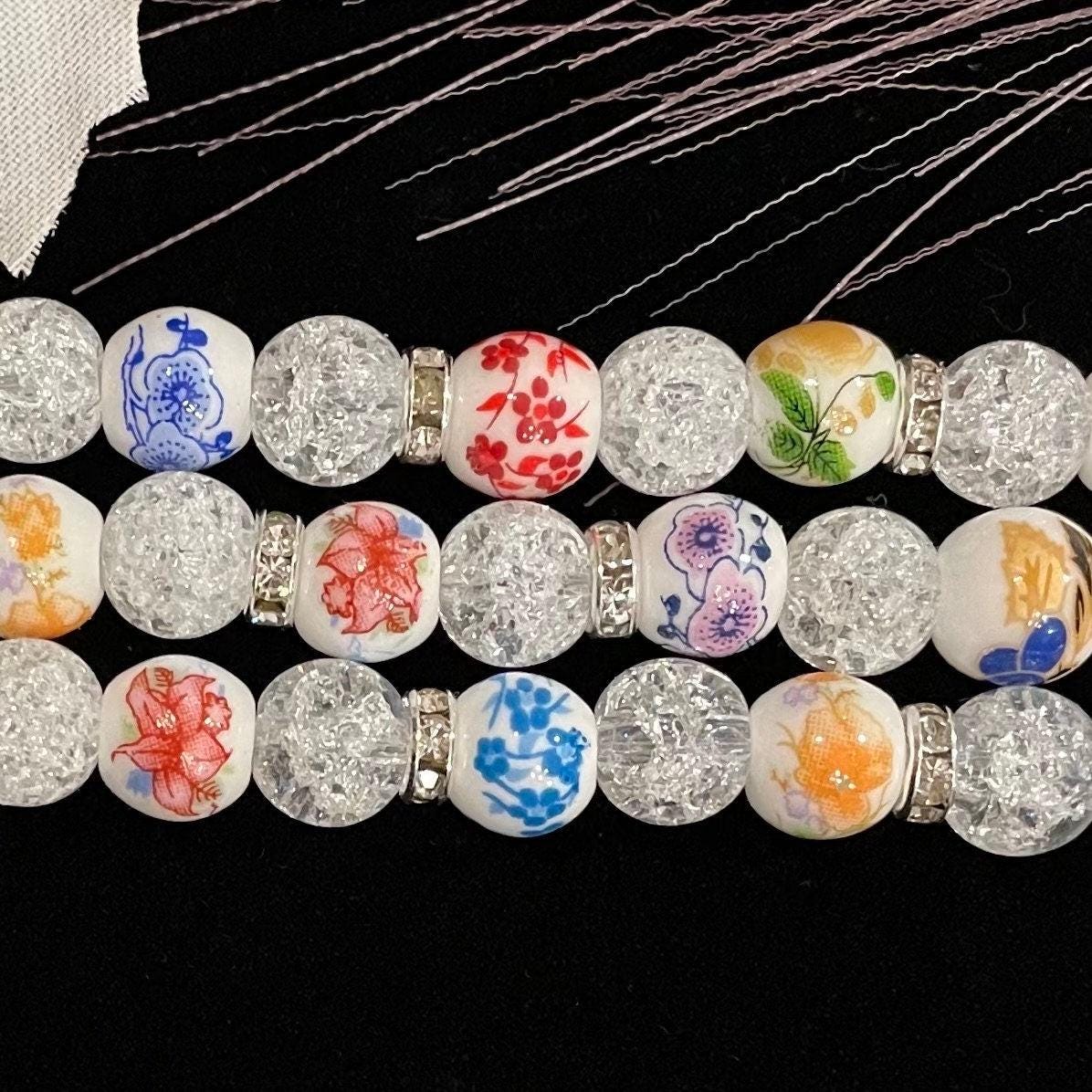 Floral Watch Band Compatible with Apple Watch with Porcelain Flower and Cracked Crystal Beads