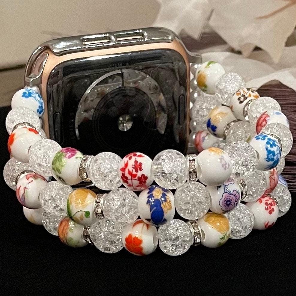 Floral Watch Band Compatible with Apple Watch with Porcelain Flower and Cracked Crystal Beads