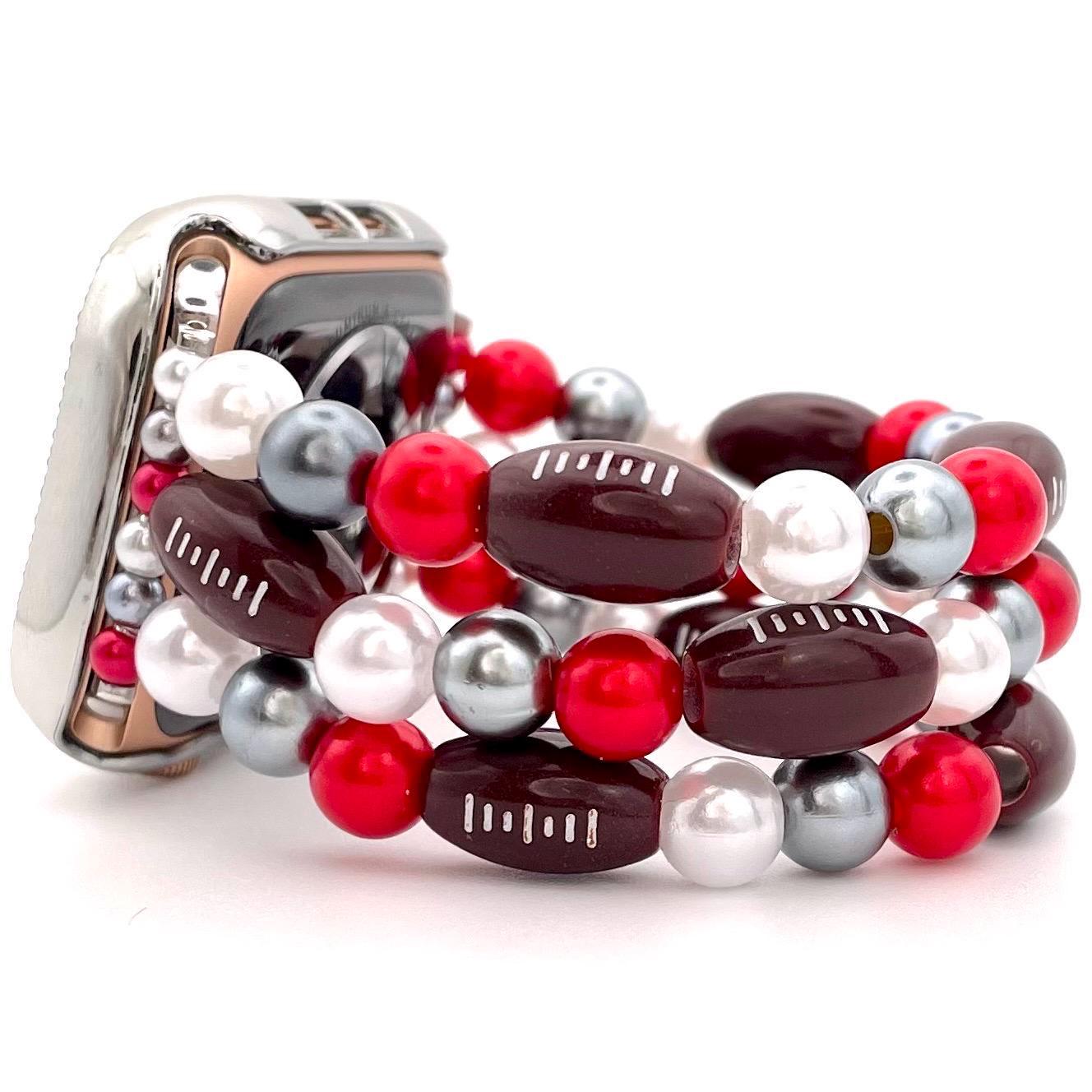 Customizable Football Watch Band Compatible with Apple Watch with Acrylic Football and Imitation Pearl Beads, Choose Your Team Colors!