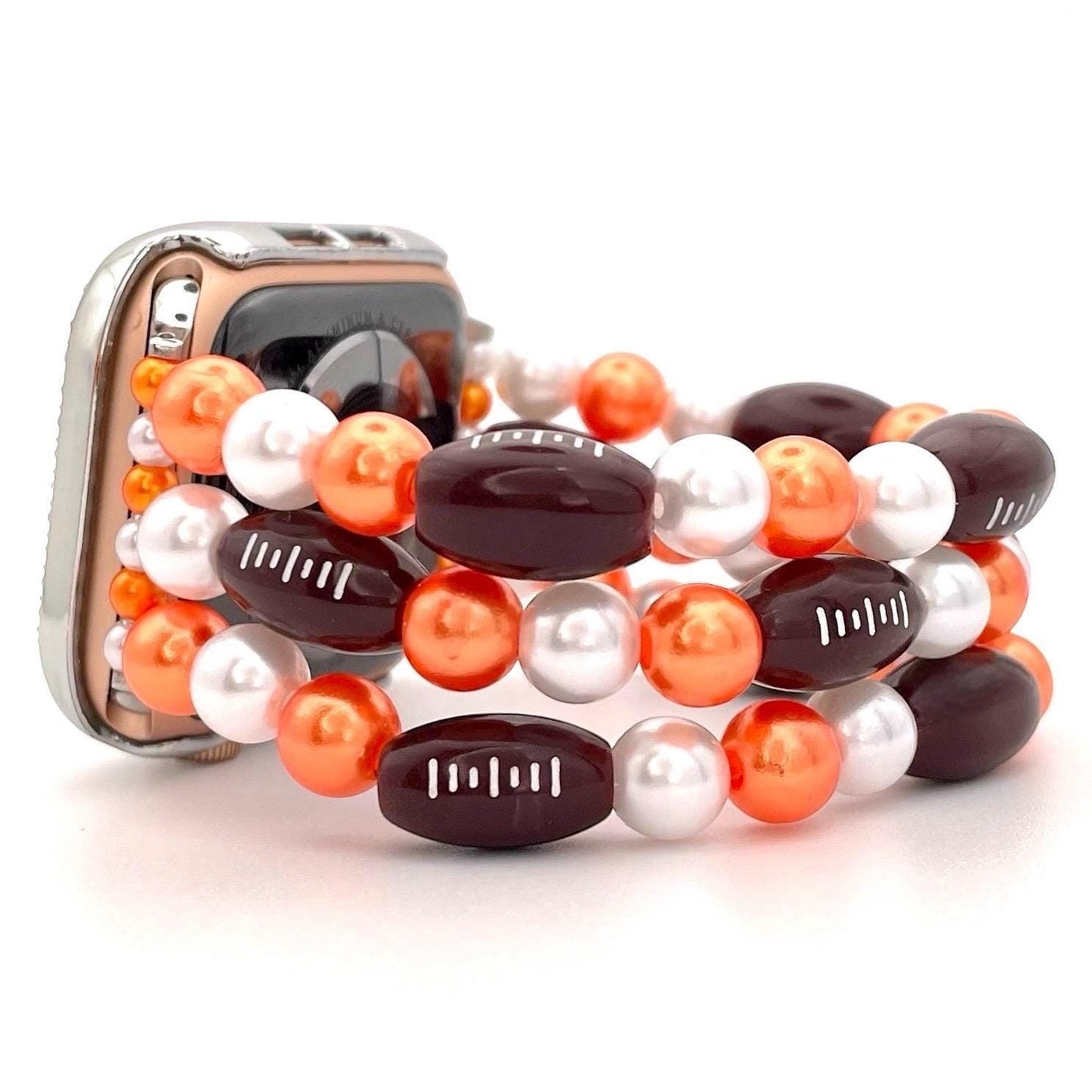 Customizable Football Watch Band Compatible with Apple Watch with Acrylic Football and Imitation Pearl Beads, Choose Your Team Colors!