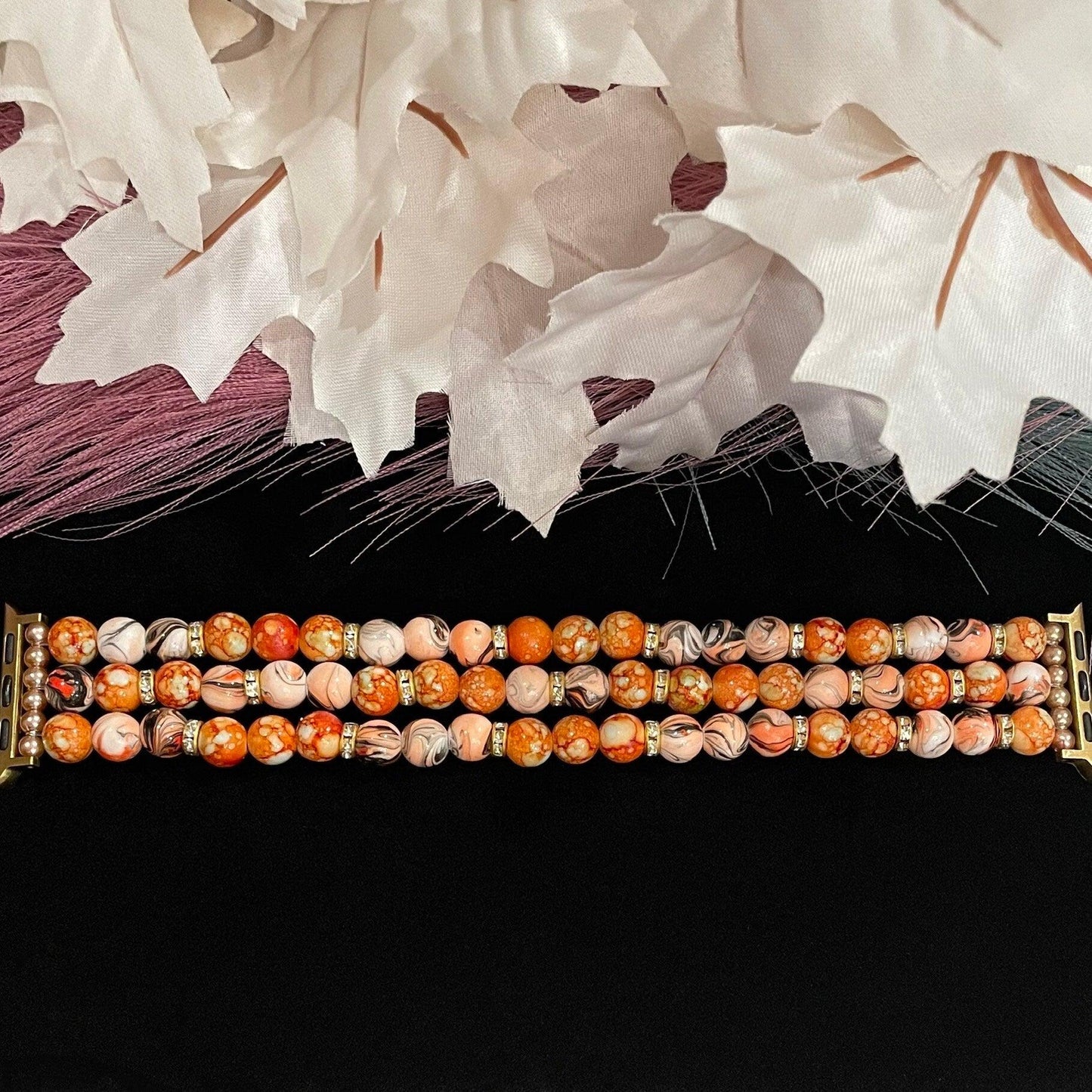 Orange Tan Swirl Watch Band Compatible with Apple Watch Made with Acrylic and Rhinestone Beads