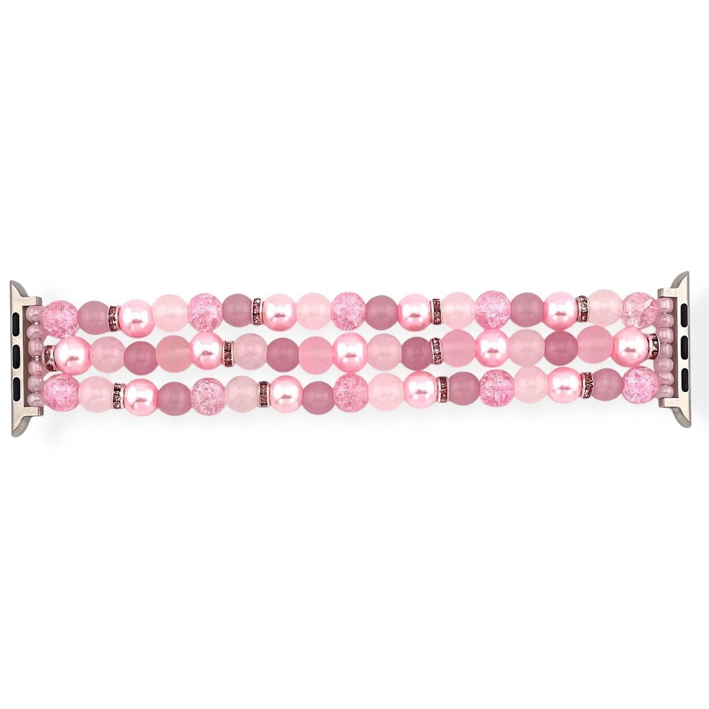 Pastel Pink Watch Band Bracelet Compatible with Apple Watch. Made with Glass Beads, Imitation Pearls & Rhinestones.