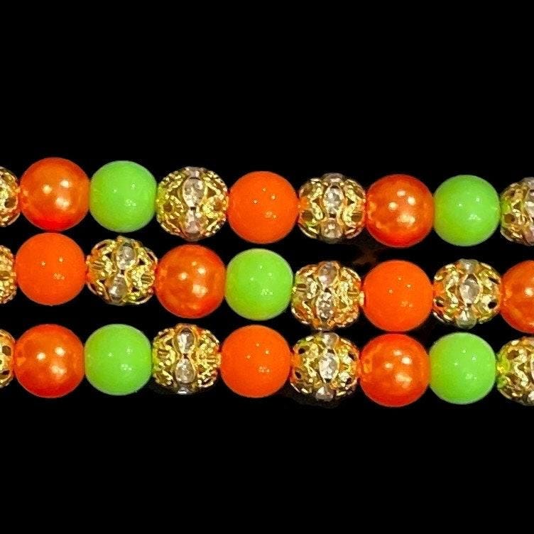 Bright Neon Summer Beaded Watch Band Compatible with Apple Watch Made with Acrylic and Gold Rhinestone Beads Accents
