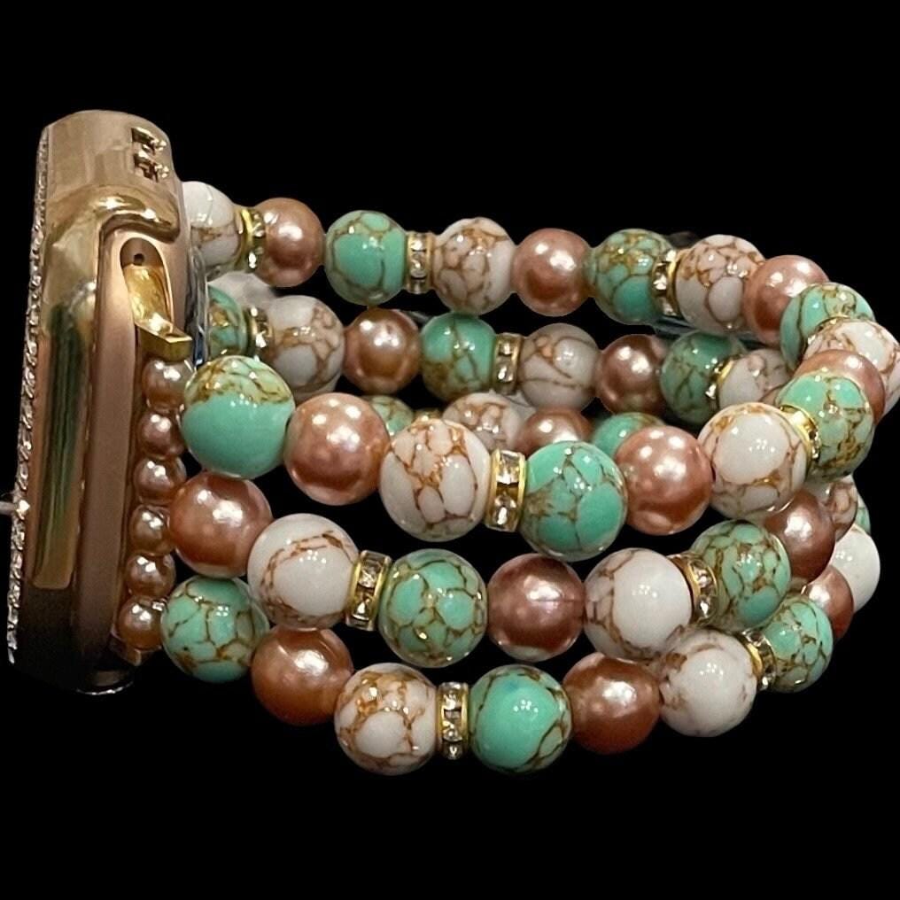 Stone Watch Band Compatible with Apple Watches Made with Gold Veined Howlite and Acrylic Pearl Beads