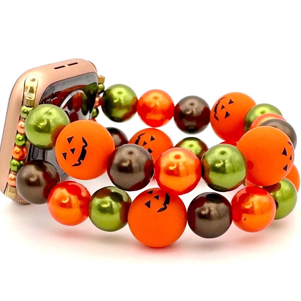 Fall Pumpkin Chunky Large Bead Watch Band Compatible with Apple Watch Made with Silicone Jack O Lantern and Acrylic Pearl Beads