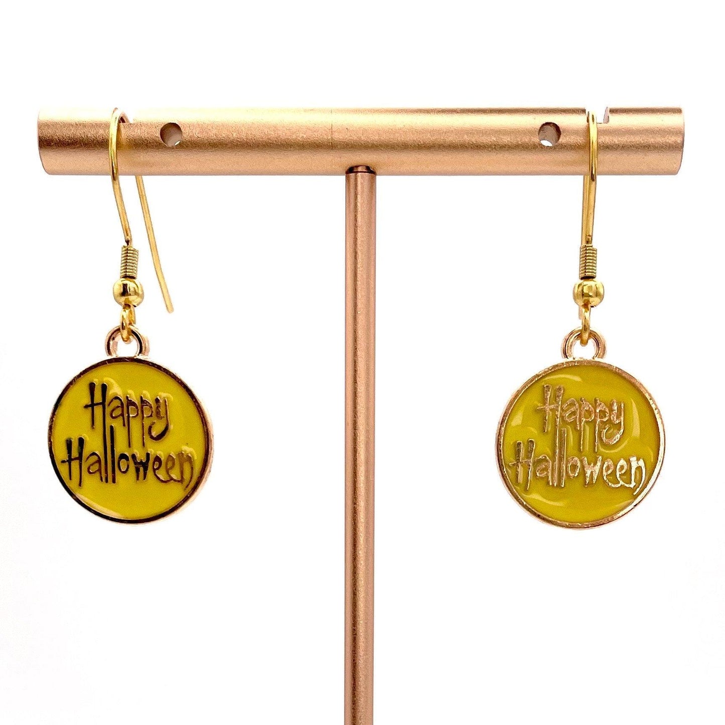 Yellow Happy Halloween Earrings Made with Gold Finished Stainless Steel Earring Hooks