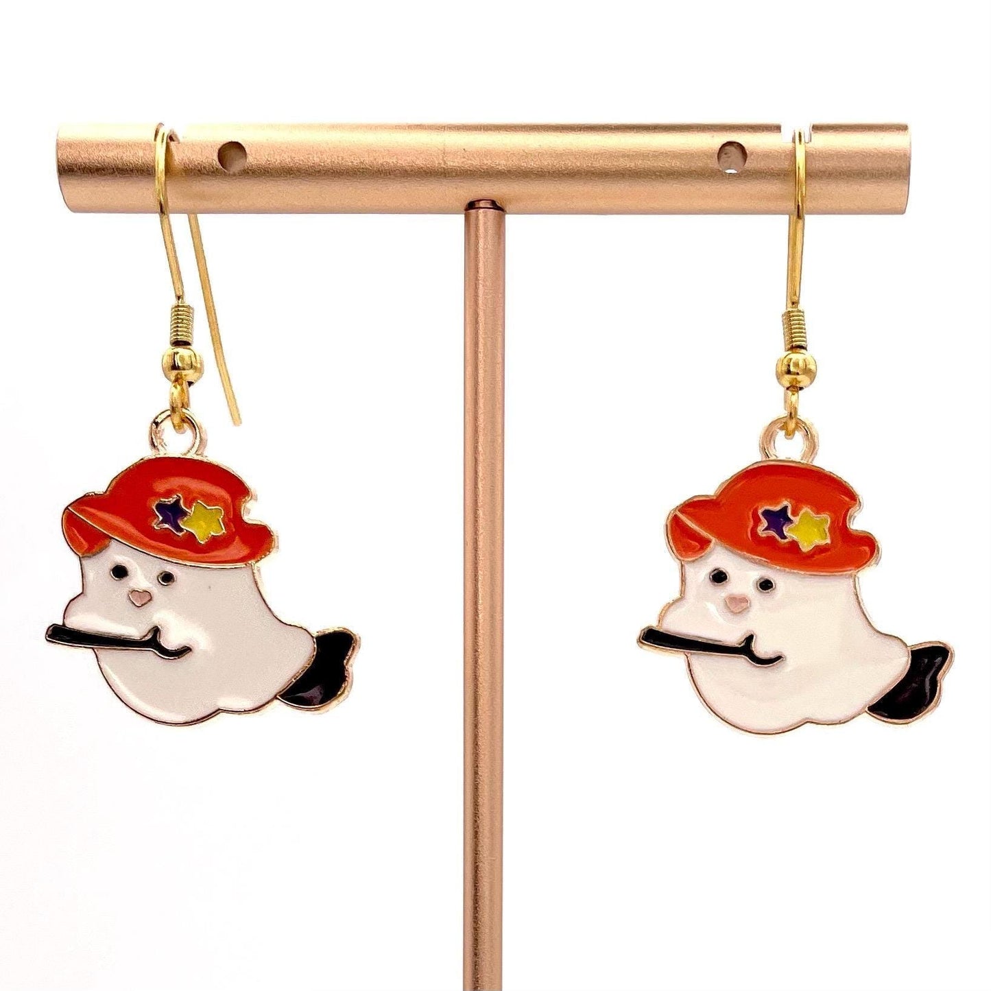 Halloween Cats or Ghosts on Broomsticks Earrings Made with Gold Finished Stainless Steel Earring Hooks