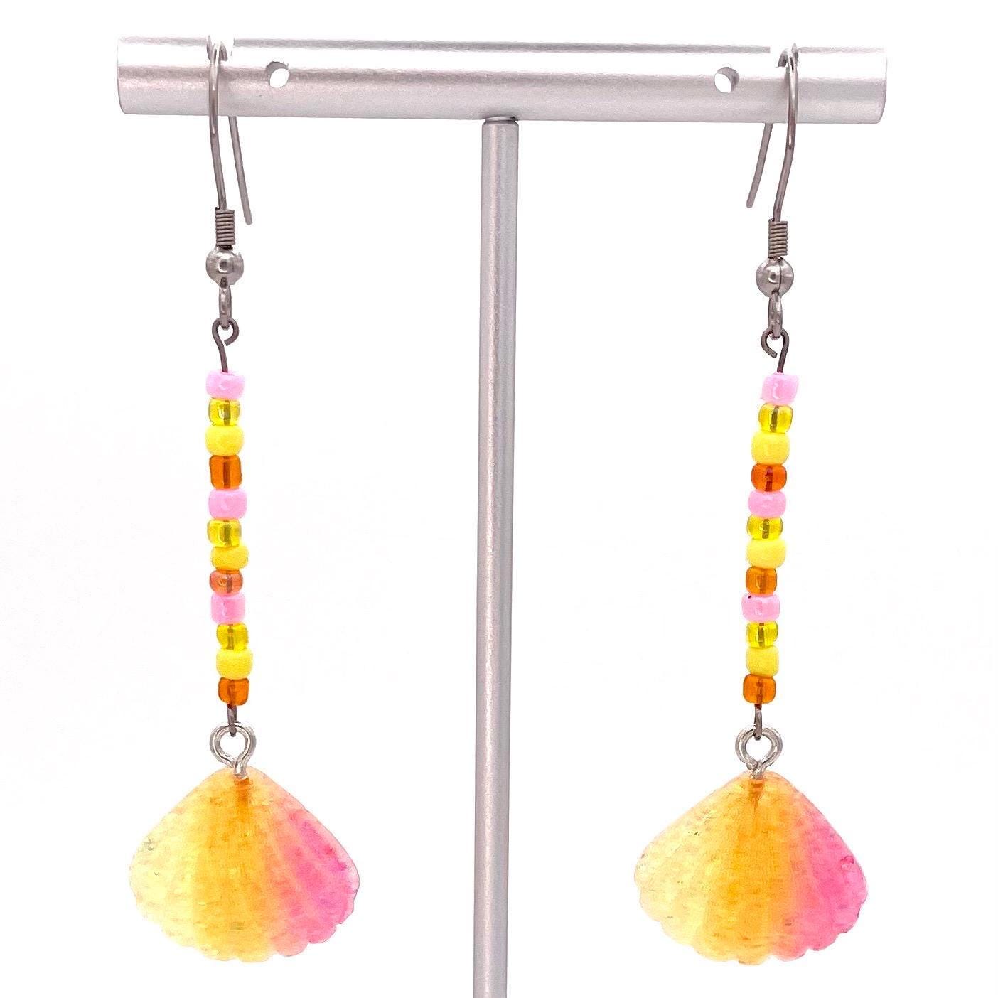 Beaded Seashell Earrings Made with Hypoallergenic Stainless Steel Hooks
