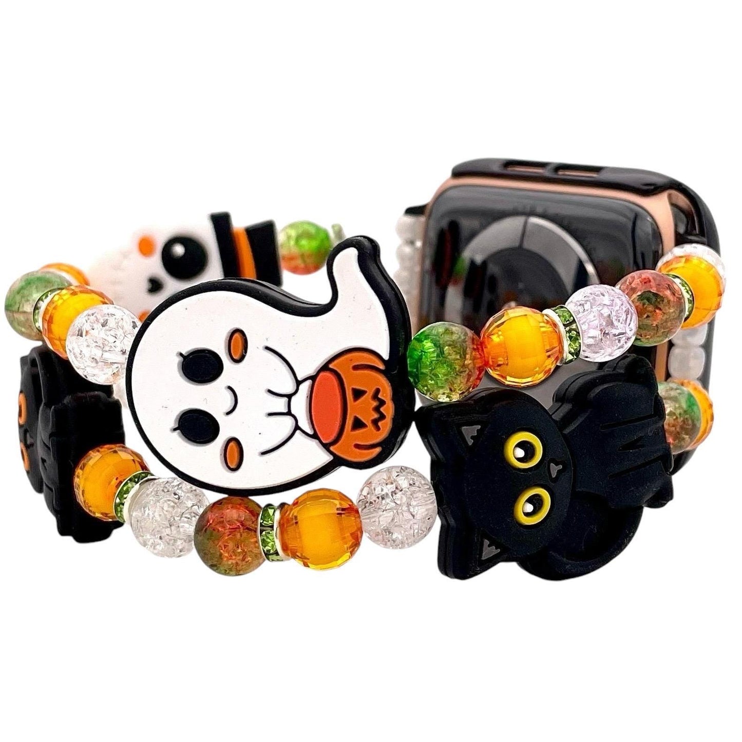 Spooky Halloween Apple Watch Band | Silicone & Acrylic Beads | Spooky Accessory for Apple Watch | Skeletons Ghosts and Black Cats!