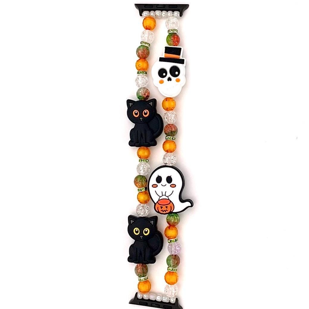 Spooky Halloween Apple Watch Band | Silicone & Acrylic Beads | Spooky Accessory for Apple Watch | Skeletons Ghosts and Black Cats!