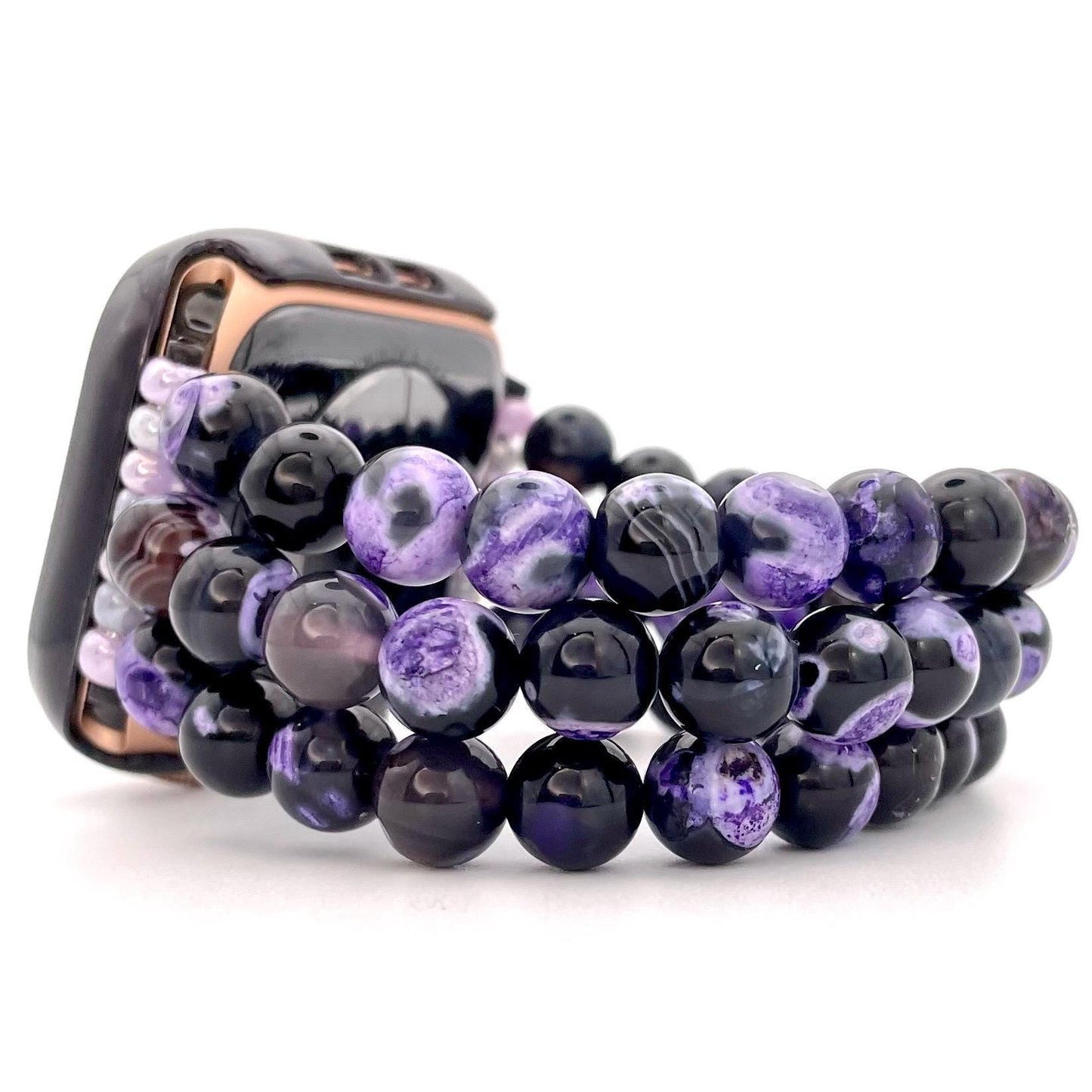 Custom Handmade Purple and Black Stone Agate Beaded Apple Watch Band, Fall Halloween Apple Watch Band