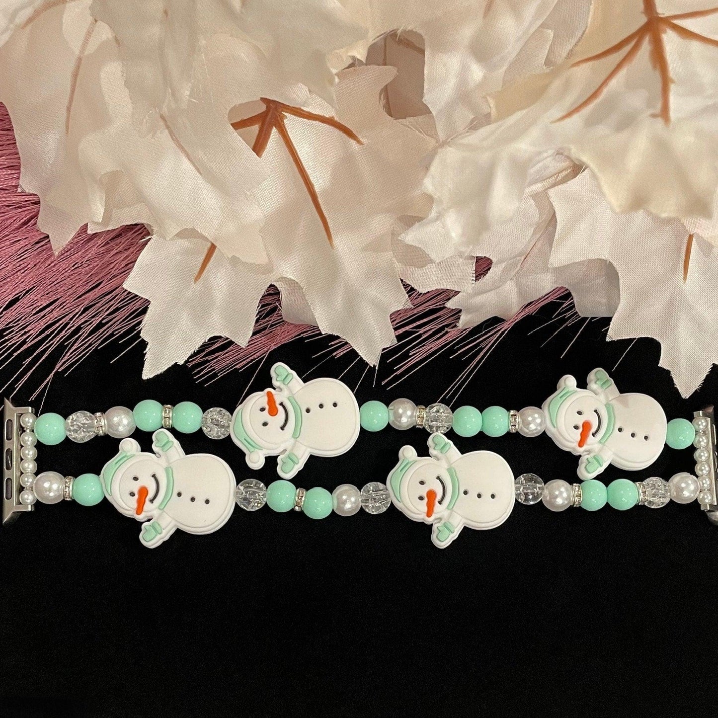 Mint Green Snowman Watch Band Compatible with Apple Watch Made with Silicone Snowmen, Acrylic, and Rhinestone Beads with Custom Sizing!
