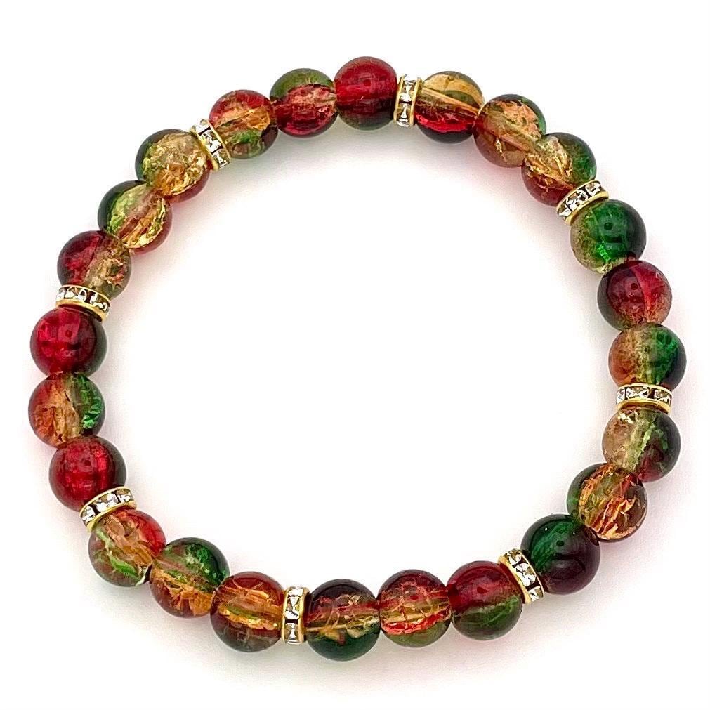 Christmas-Themed Multicolor Crackle Glass Beaded Bracelet with Gold Accents | Red Green and Gold Custom Sized Handmade Bracelet
