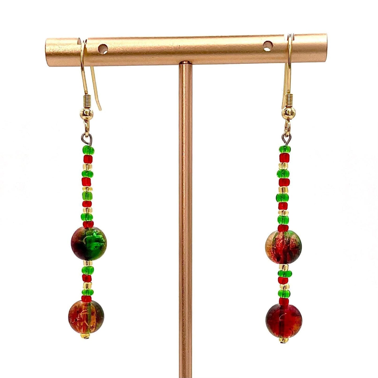 Festive Christmas Earrings, Red & Green Glass Beaded Dangles, Holiday Jewelry, Gold Finished Stainless Steel Wires