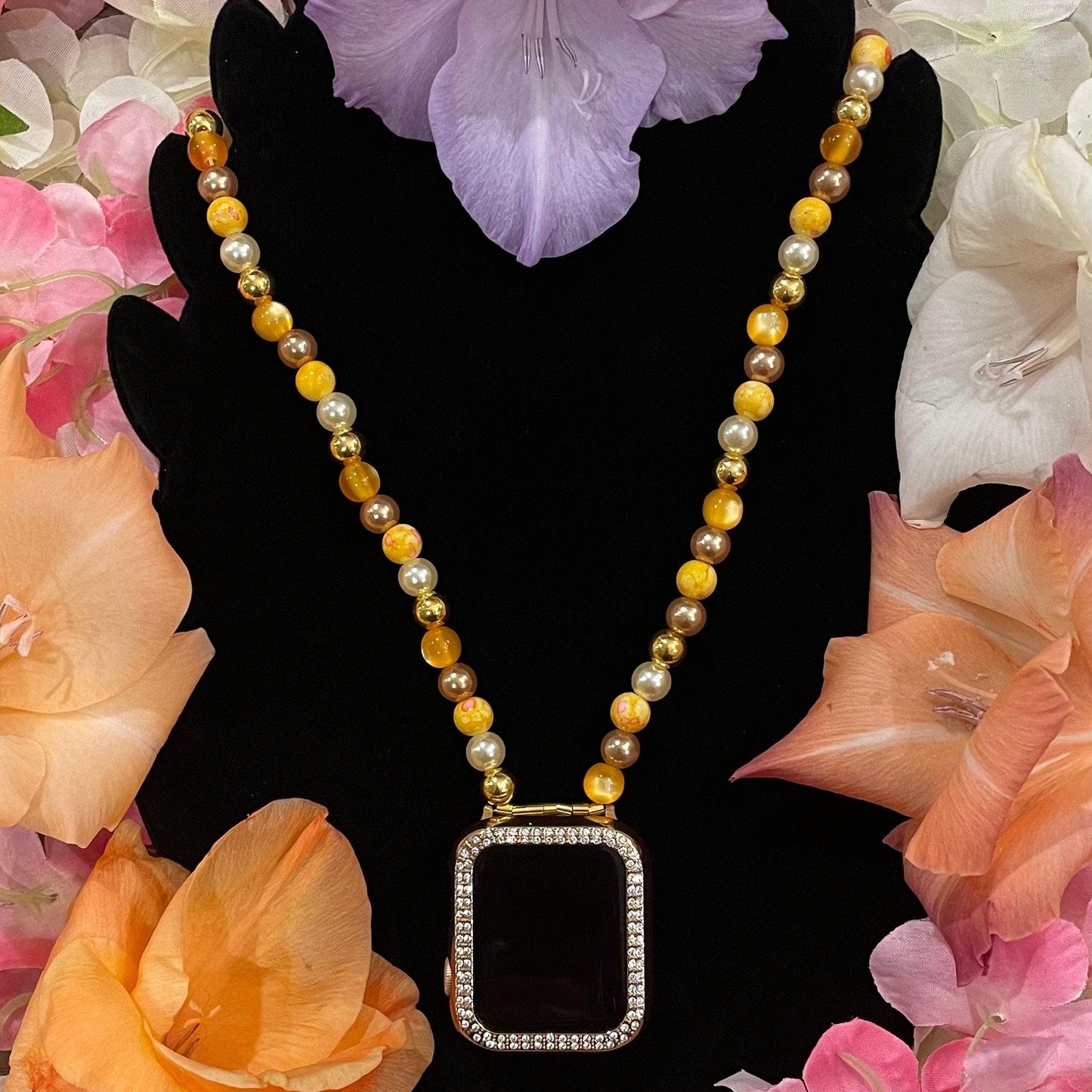Yellow Fall Watch Necklace Compatible With Apple Watch Made With Imitation Pearls and Glass Beads