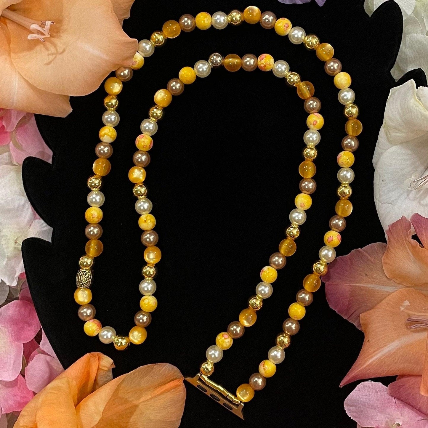 Yellow Fall Watch Necklace Compatible With Apple Watch Made With Imitation Pearls and Glass Beads