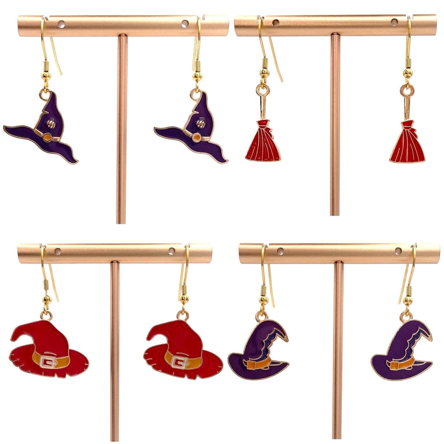 Halloween Witch Hat or Broom Earrings Made with Gold Finished Stainless Steel Earring Hooks