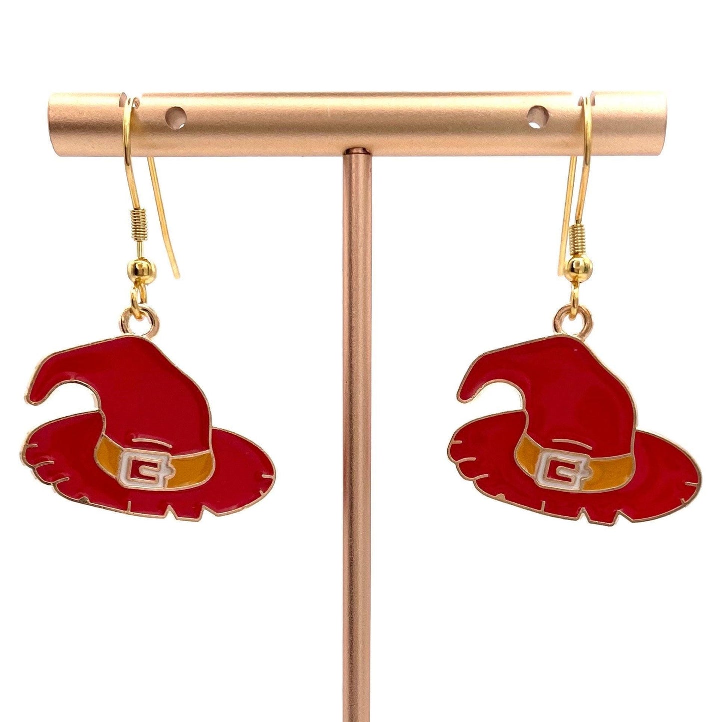 Halloween Witch Hat or Broom Earrings Made with Gold Finished Stainless Steel Earring Hooks