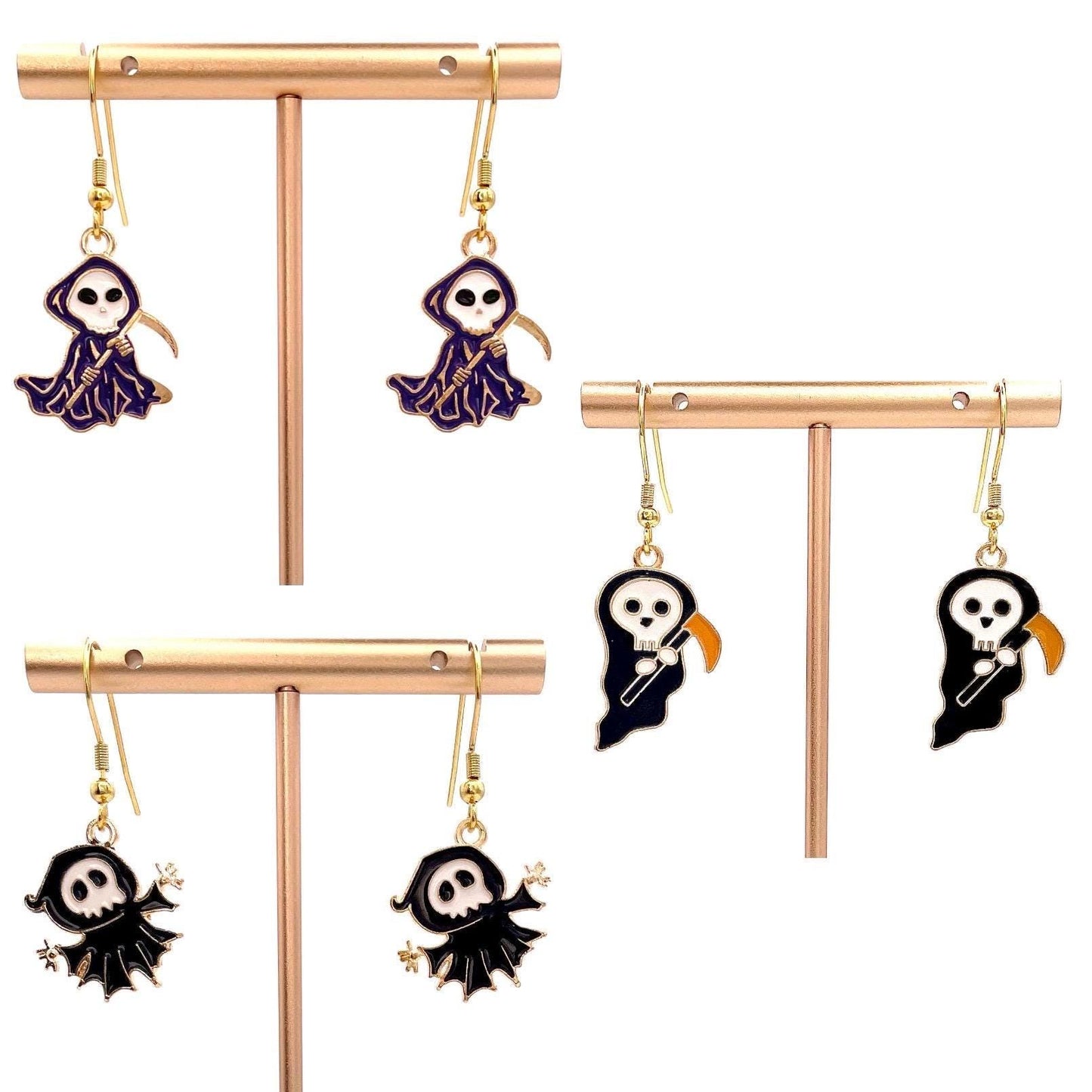 Grim Reaper Halloween Earrings Made with Gold Finished Stainless Steel Earring Hooks