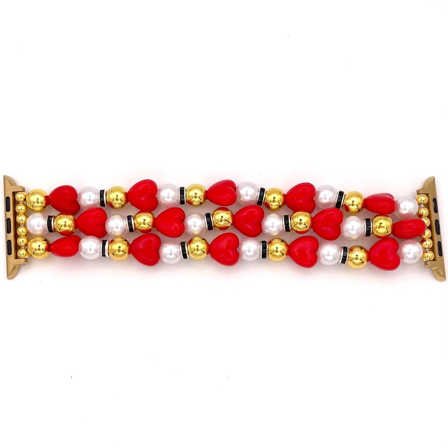 Custom-Sized Red Heart Beaded Apple Watch Band - Pearl and Gold Bracelet Style - Perfect for Valentine’s Day or Holiday Gifting