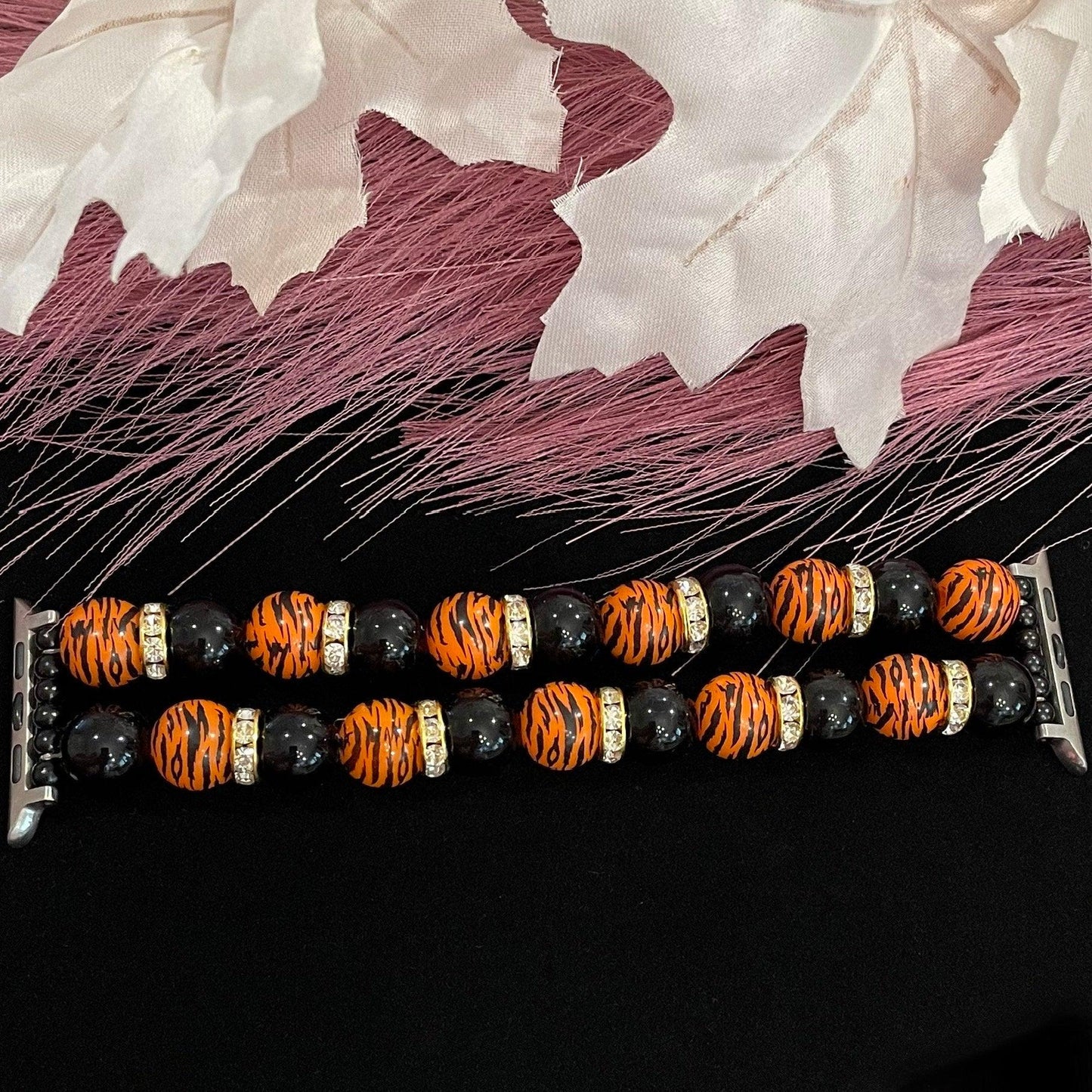 Tiger Watch Band Compatible with Apple Watch Made with Printed Tiger Beads and Black Imitation Pearls