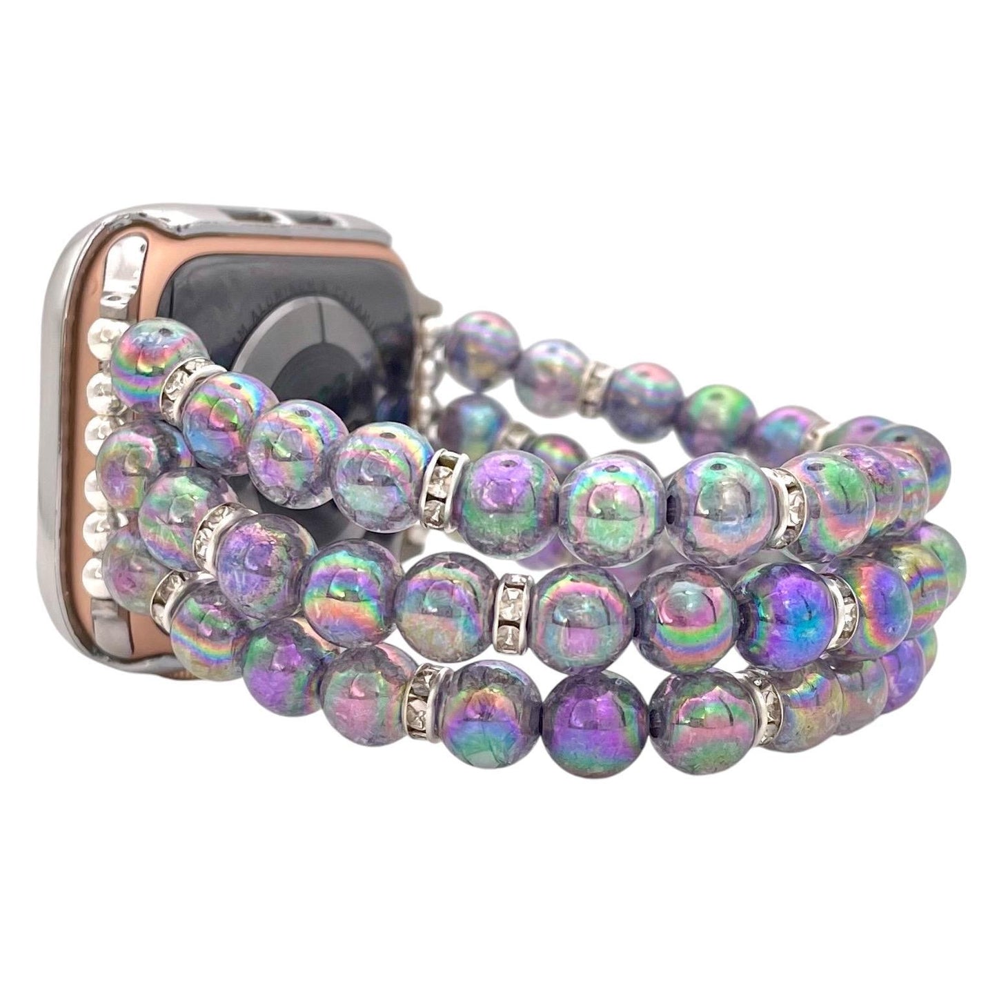 Silver Watch Band Compatible with Apple Watch Band with Custom Sizing! Made with Acrylic Imitation Hematite and Rhinestone Beads