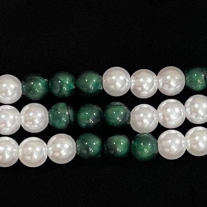Green and White Watch Band Compatible with Apple Watch Made with Acrylic and Imitation Pearl Beads