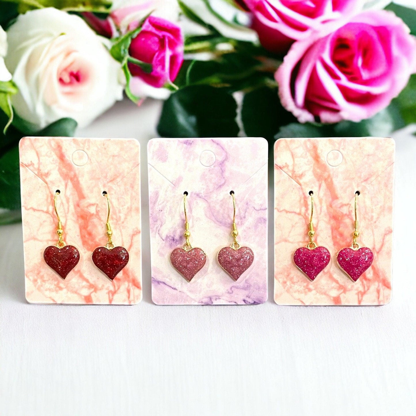 Shimmer Heart Charm Earrings Made with Gold Finished Stainless Steel Earring Hooks
