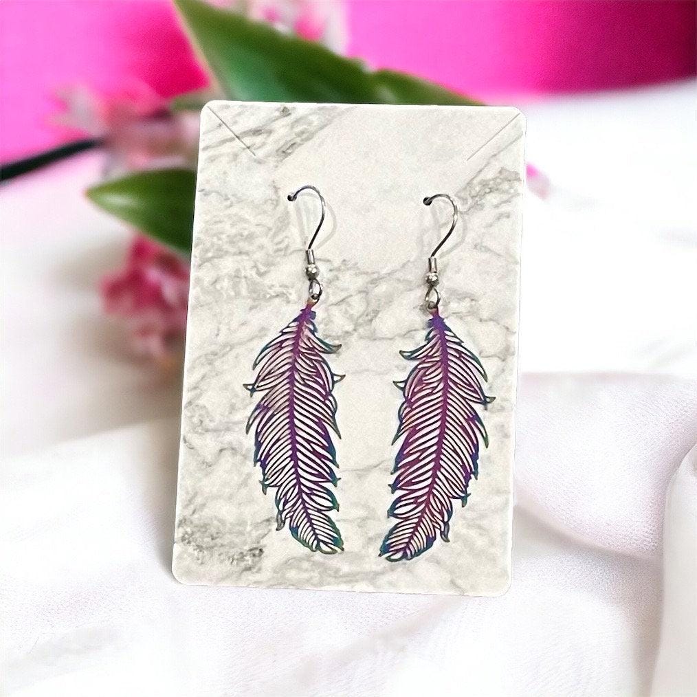 Rainbow Feather Dangle Earrings Made with Hypoallergenic Stainless Steel, Lightweight Metal Feather Earrings