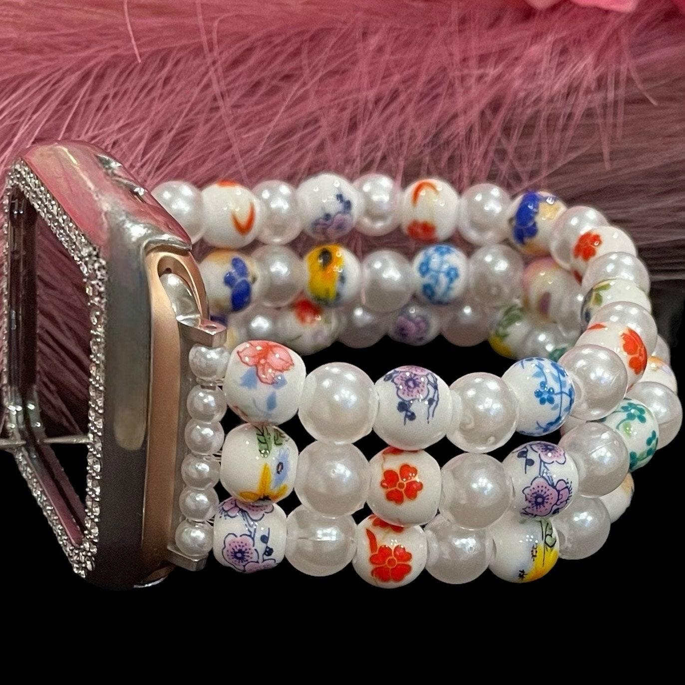 Floral Watch Band Compatible with Apple Watch with Porcelain Flower and Imitation Pearl Beads