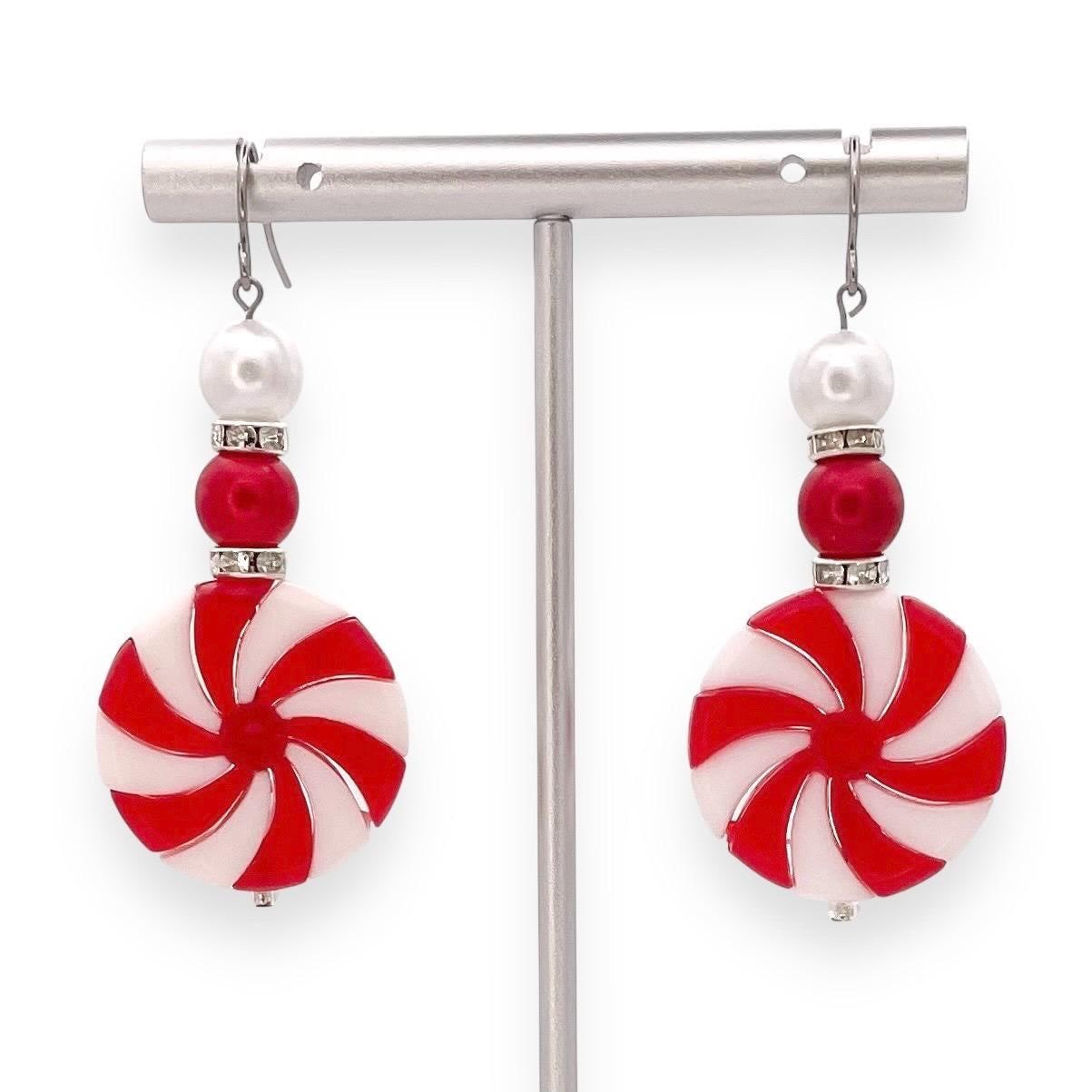 Peppermint Candy Earrings with Hypoallergenic Stainless Steel Hooks – Festive Christmas Holiday Jewelry