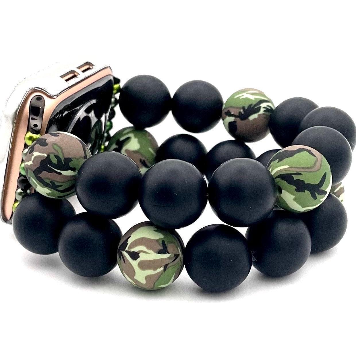 Camouflage Large Bead Watch Band Compatible with Apple Watch Made with Camo and Black Silicone Beads