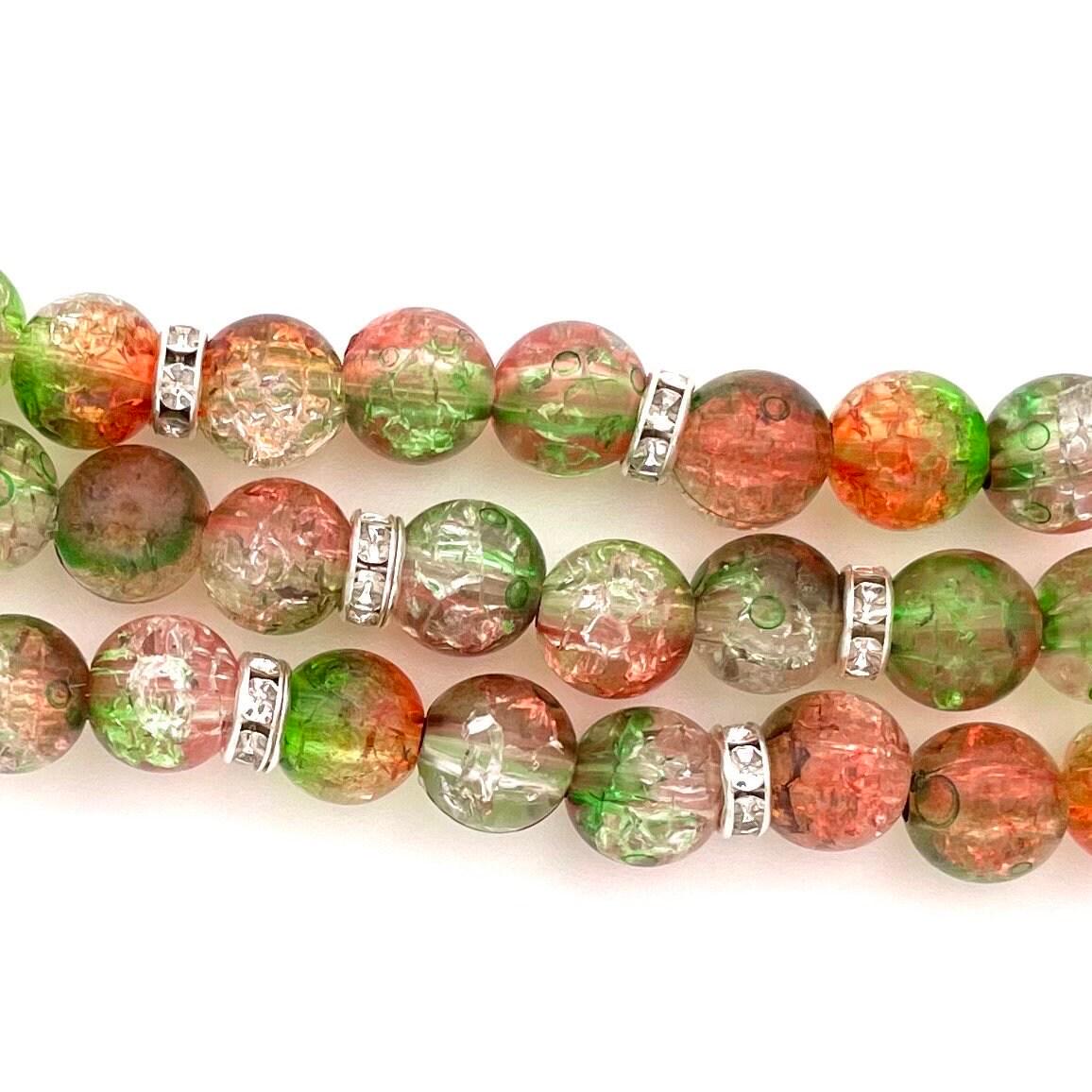 Fall Orange and Green Crackle Watch Band Compatible with Apple Watch Made with Crackle Acrylic and Rhinestone Beads