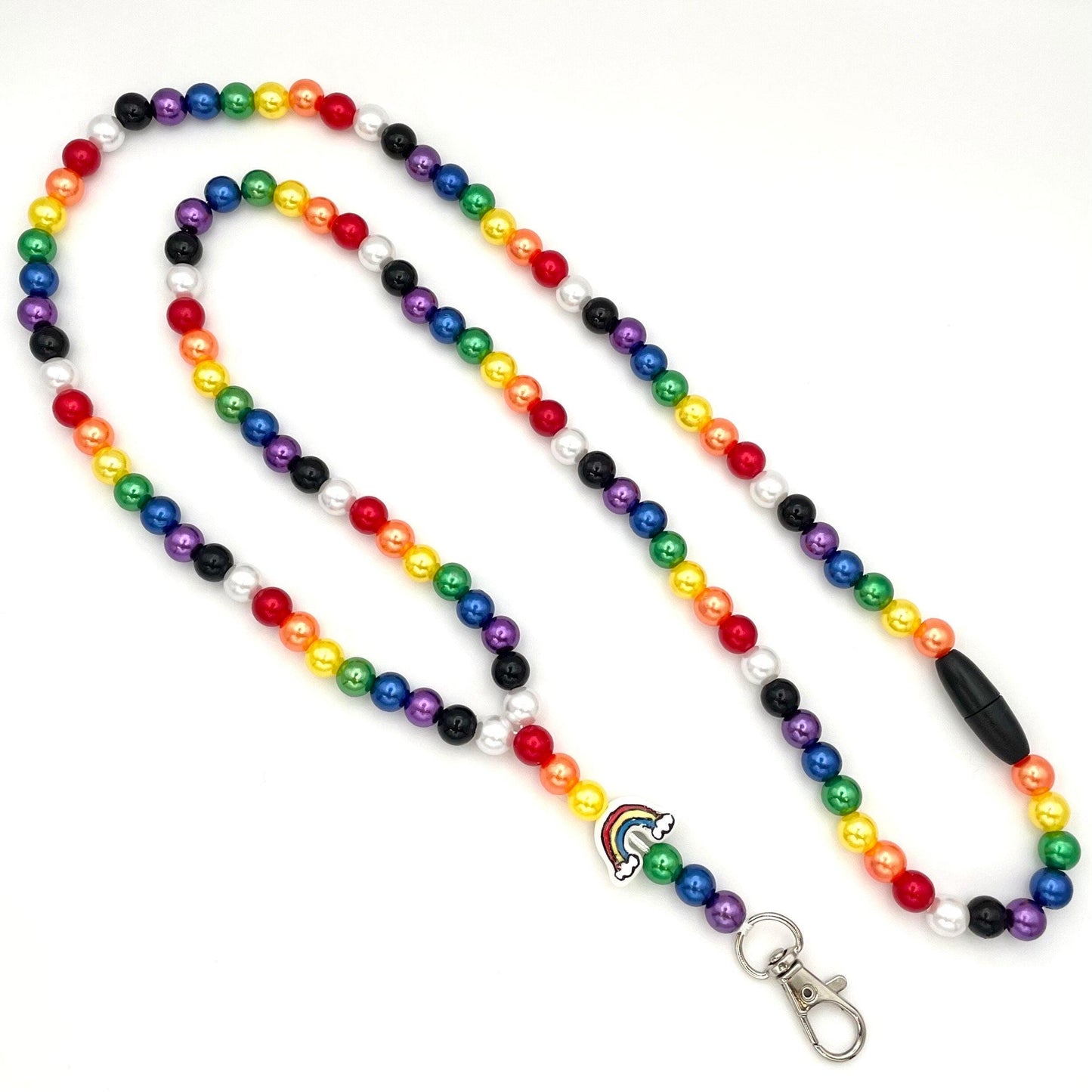 Rainbow Beaded Breakaway Work/Teacher Lanyard with Lobster Clasp and Keyring, ID Badge Key Holder