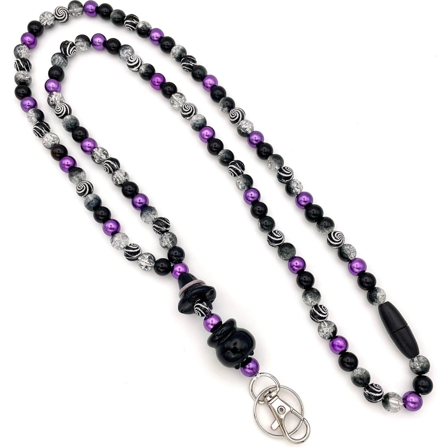 Witchy Purple and Black Halloween Beaded Breakaway Work/Teacher Lanyard with Lobster Clasp and Keyring, ID Badge Key Holder