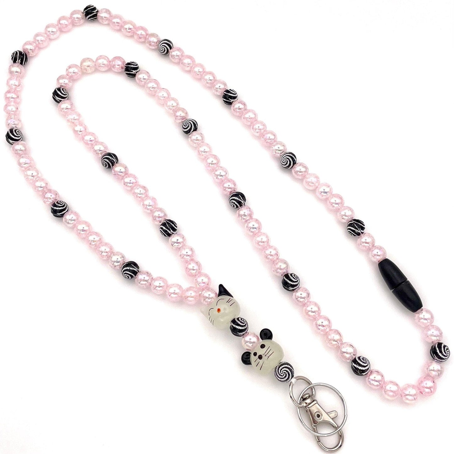 Cute Cat and Mouse Beaded Breakaway Work/Teache/Vet Tech Lanyard with Lobster Clasp and Keyring, ID Badge Key Holder, Pink and Black