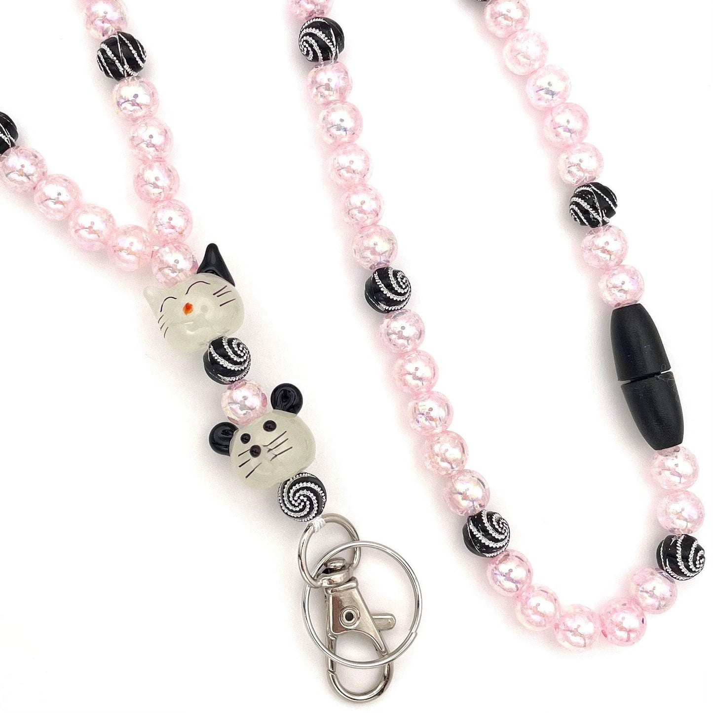 Cute Cat and Mouse Beaded Breakaway Work/Teache/Vet Tech Lanyard with Lobster Clasp and Keyring, ID Badge Key Holder, Pink and Black