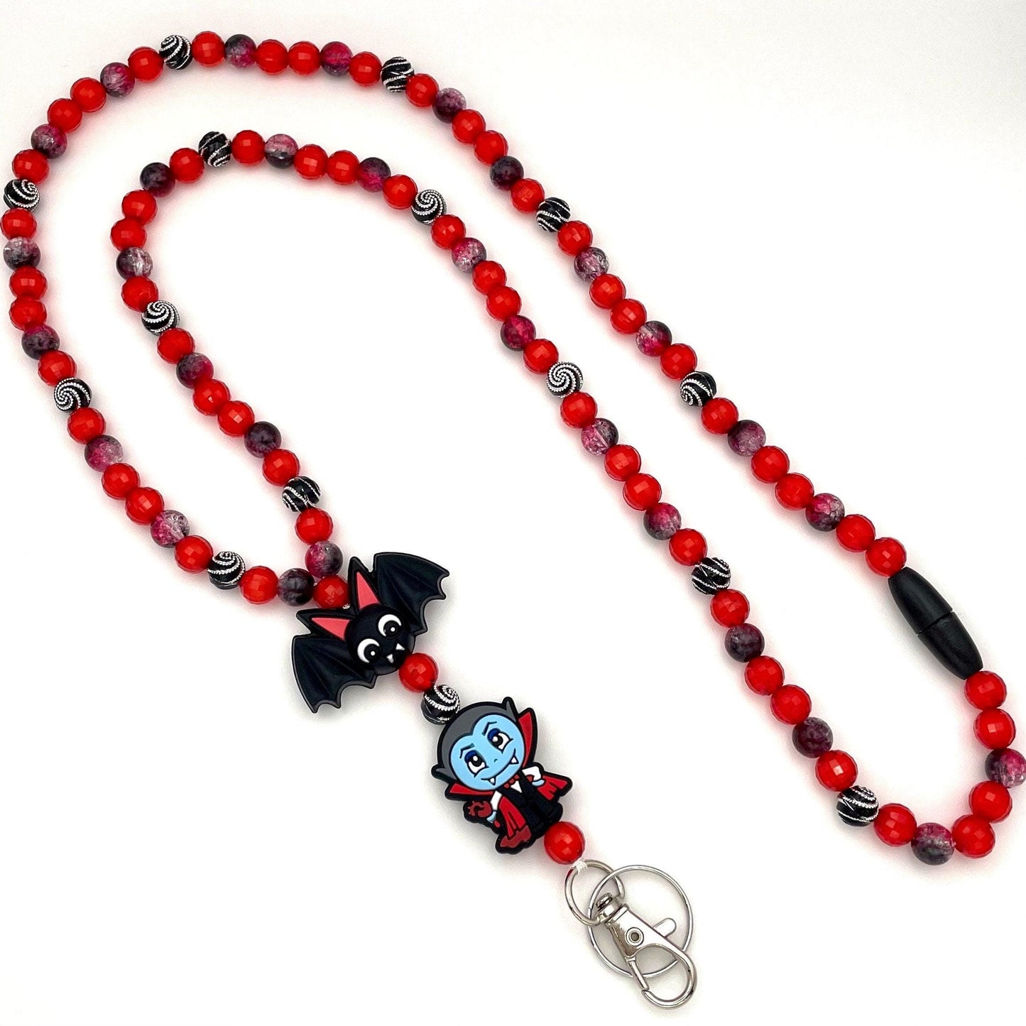 Halloween Vampire Bat Beaded Breakaway Work/Teacher Lanyard with Lobster Clasp and Keyring, ID Badge Key Holder