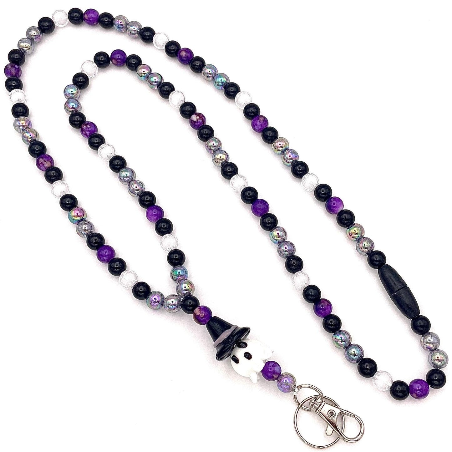 Spooky Witchy Ghost Purple and Black Halloween Beaded Breakaway Work/Teacher Lanyard with Lobster Clasp and Keyring, ID Badge Key Holder