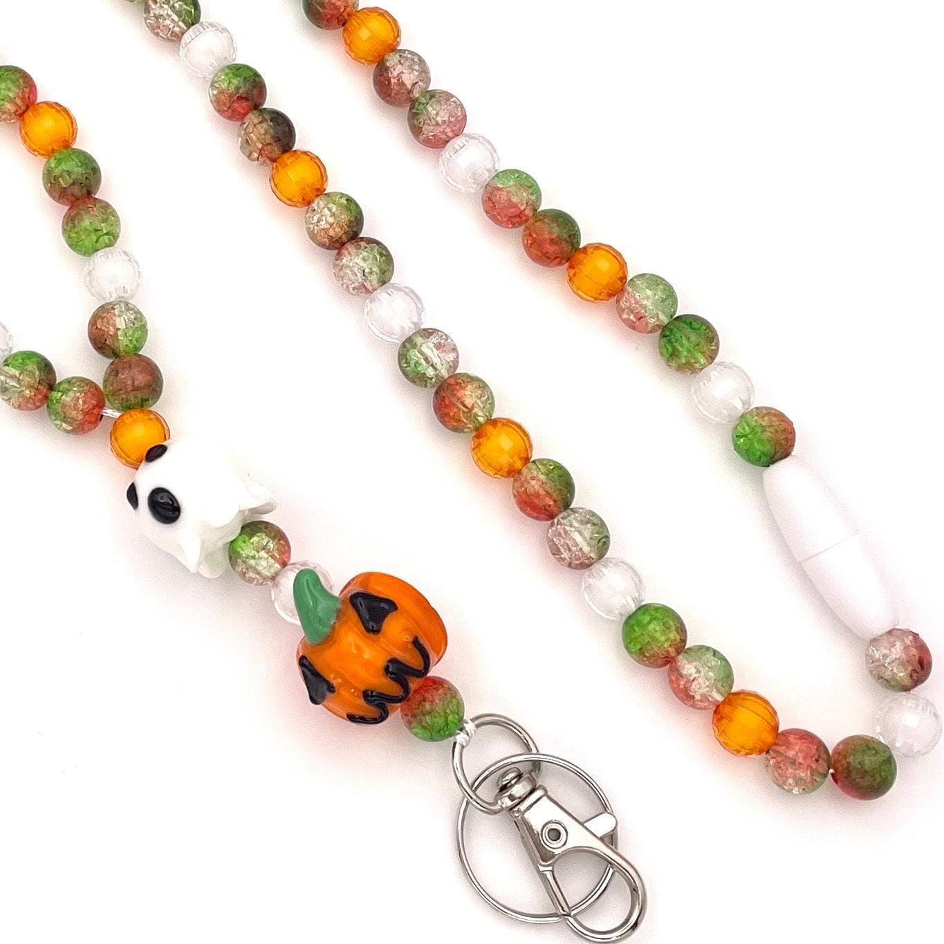 Fall Pumpkins and Ghosts Halloween Beaded Breakaway Work/Teacher Lanyard with Lobster Clasp and Keyring, ID Badge Key Holder