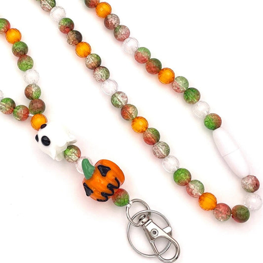 Fall Pumpkins and Ghosts Halloween Beaded Breakaway Work/Teacher Lanyard with Lobster Clasp and Keyring, ID Badge Key Holder