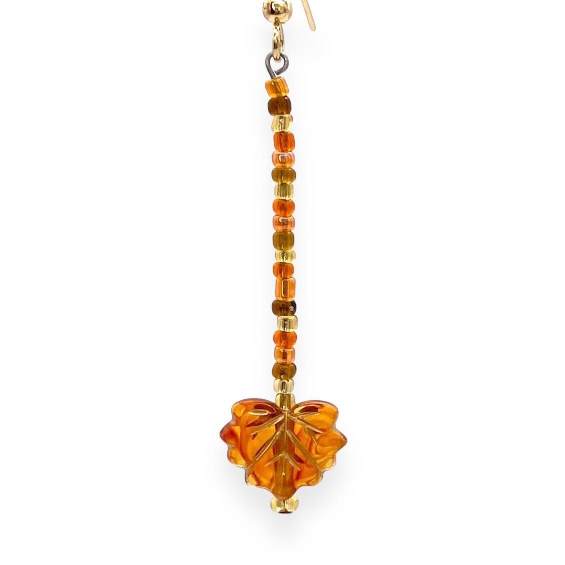 Autumn Leaf Dangle Earrings with Festive Leaf and Glass Seed Beads | Handmade Fall Jewelry